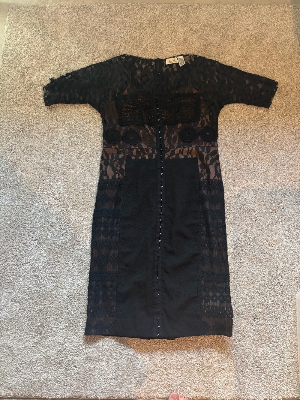 Byron Lars Black Lace Panel Midi Dress with Sheer Insets